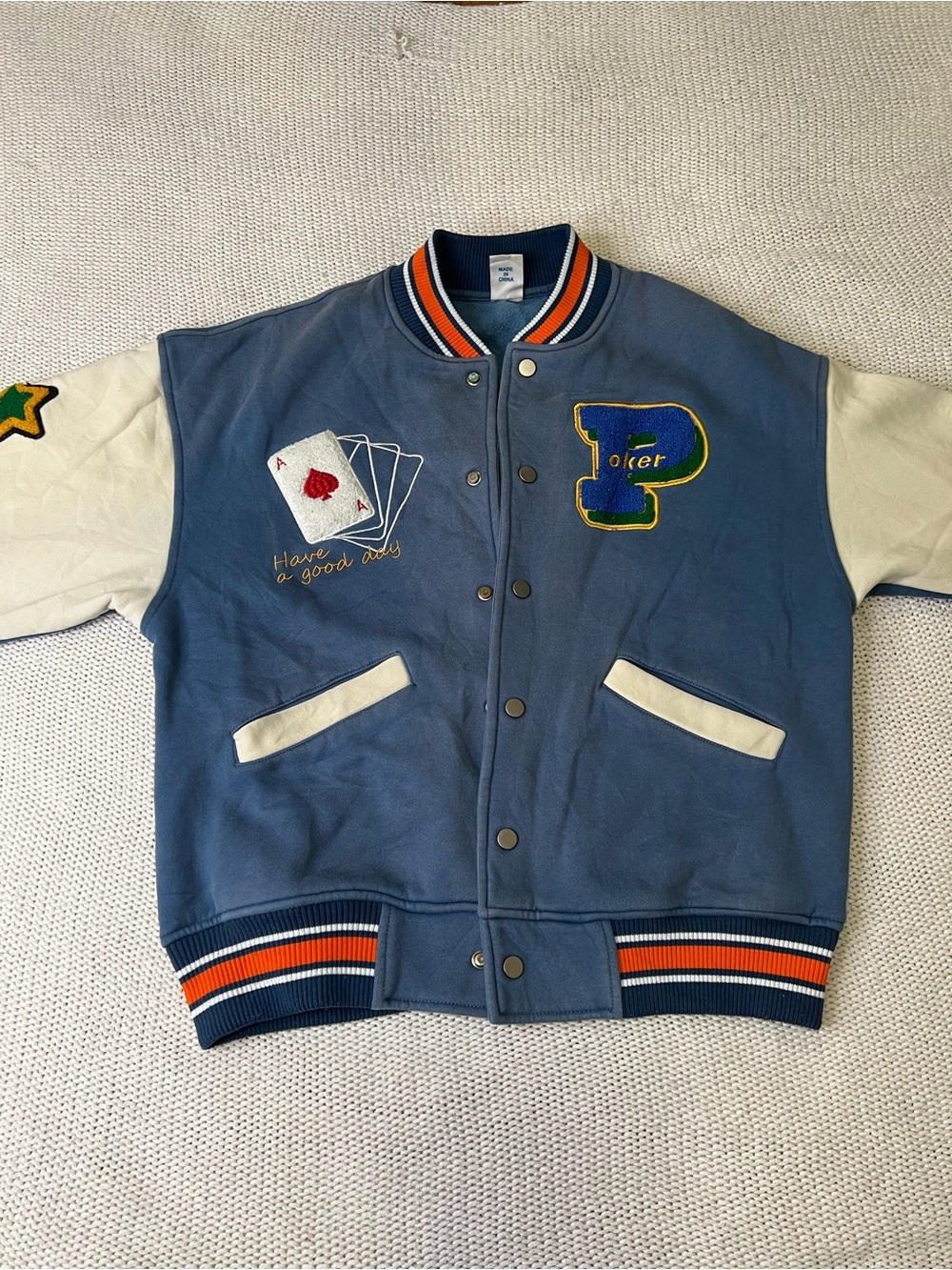 Men's Blue & Cream Varsity Letterman Jacket with Patch Details